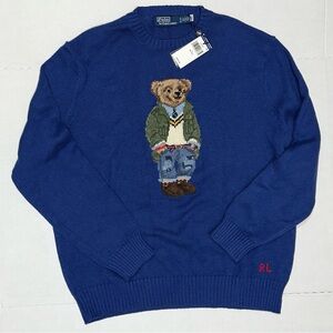 New Polo Ralph Lauren Knit Sweater Bear Logo Wool Military Blue Xl Prep Preppy